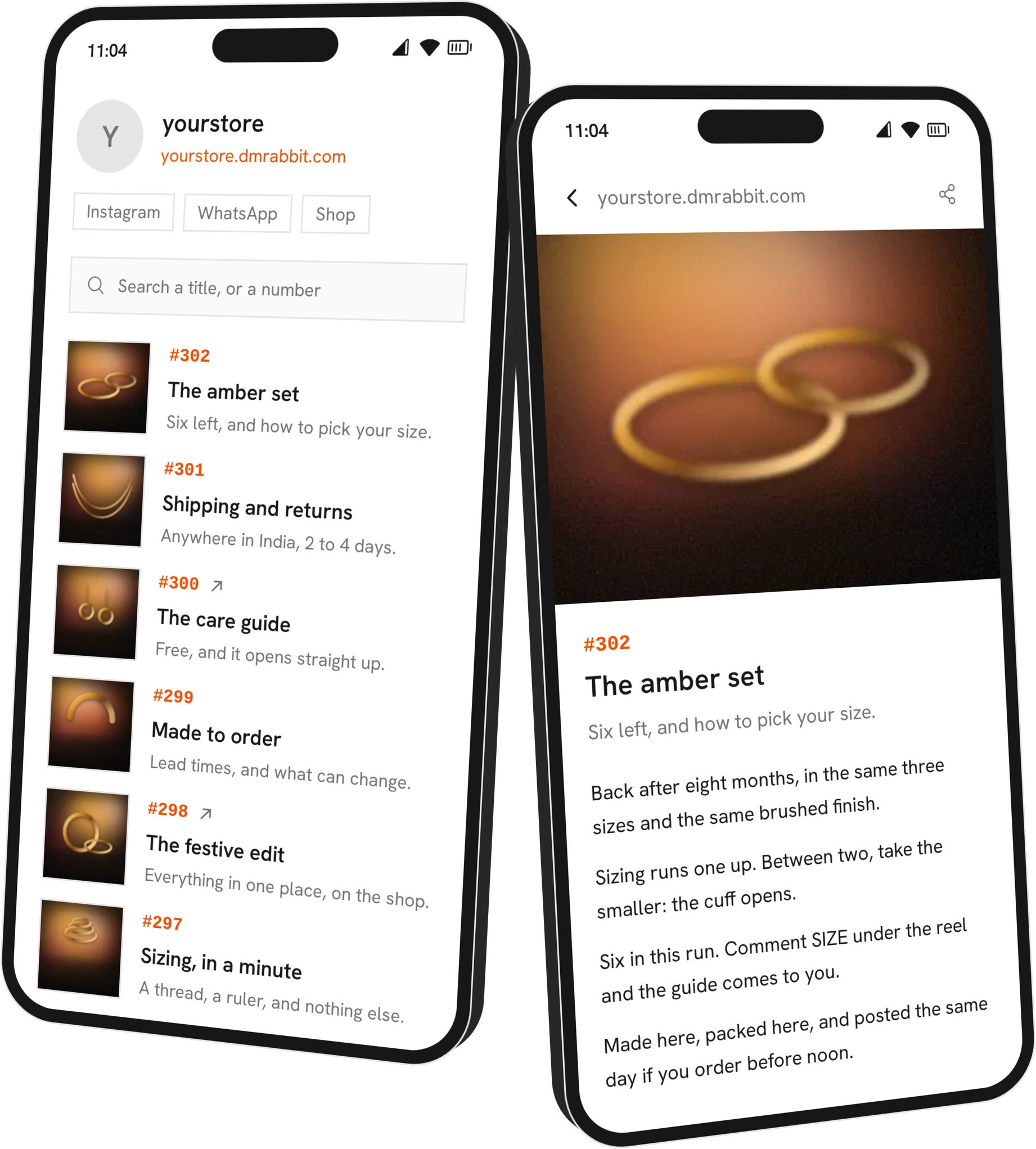 Two phones: a biopage with its header, search field and feed of numbered posts, and post #302 from that feed opened beside it.